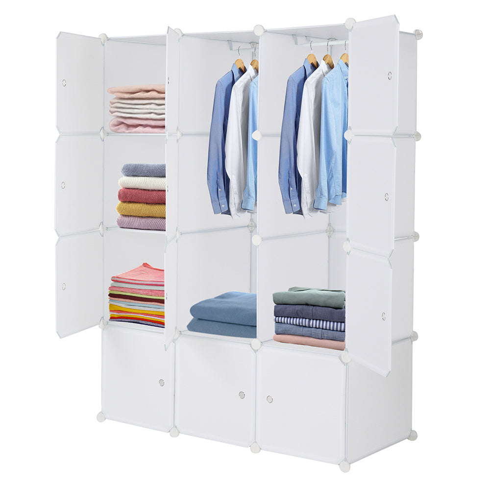 "White 12-cube modular plastic storage organizer with customizable layout and built-in hanging rod, featuring stackable DIY closet shelves for organizing clothes, shoes, toys, and household items.