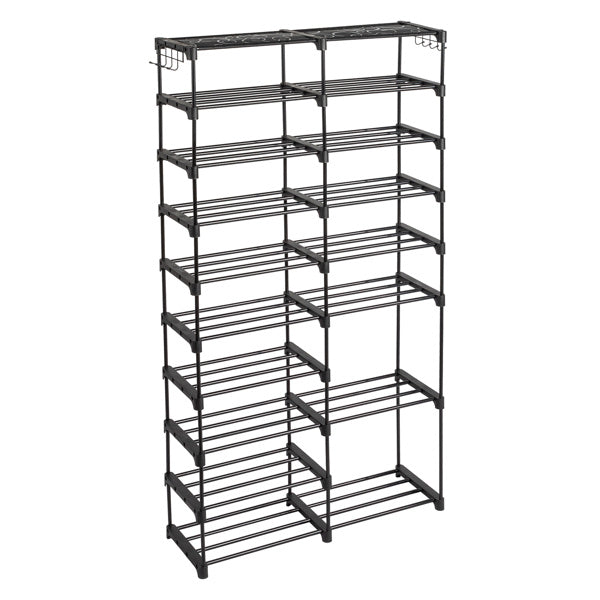 Black double-row 9-tier shoe rack with handles, featuring a sturdy iron frame and non-woven fabric shelves, designed for efficient vertical shoe storage in entryways or closets