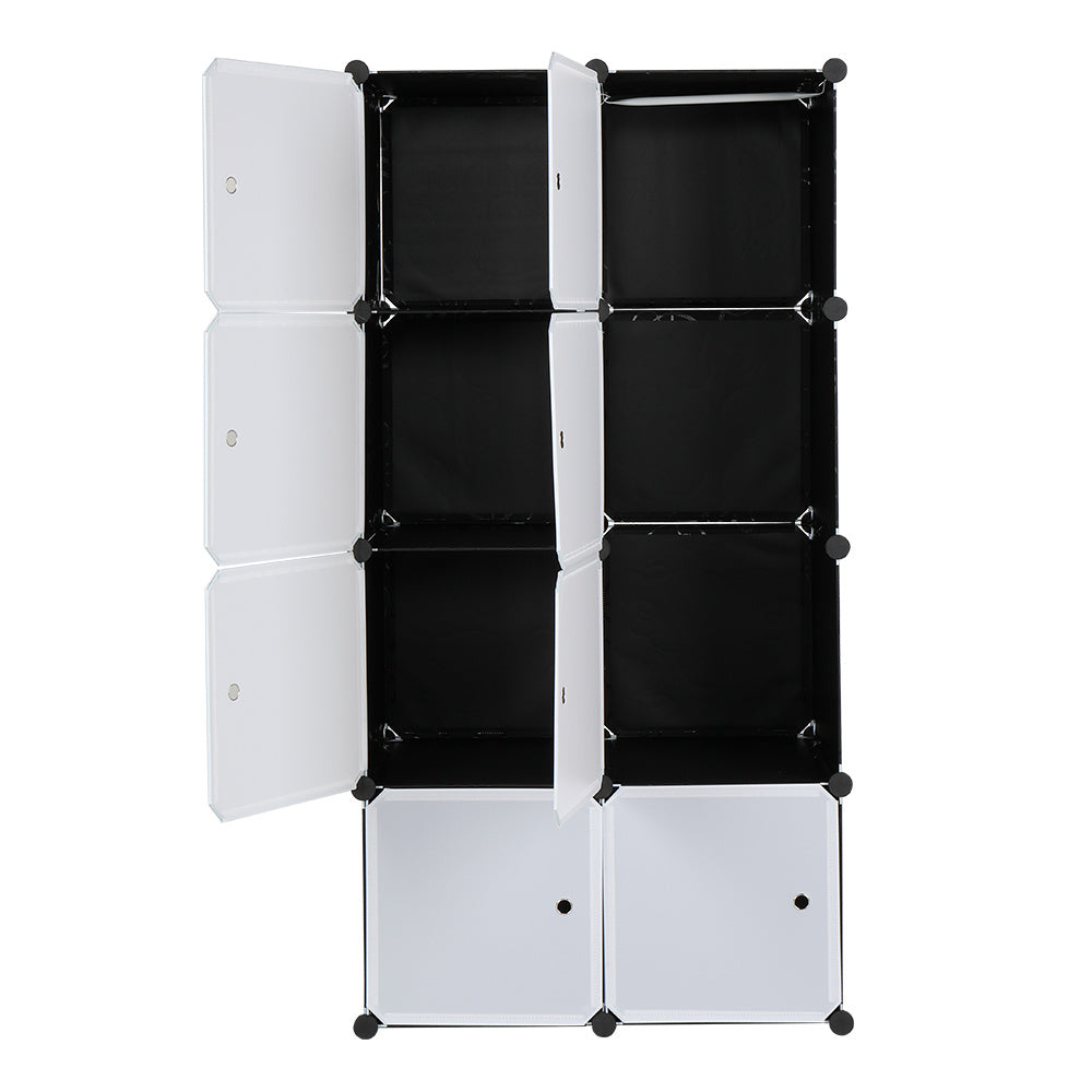 8-cube modular plastic storage organizer with doors and built-in hanging rod, stackable DIY closet cabinet for clothes, shoes, books, and household items in bedroom or entryway
