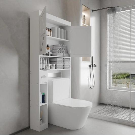 White over-the-toilet storage cabinet with two farmhouse-style doors and open bottom shelf for bathroom organization.