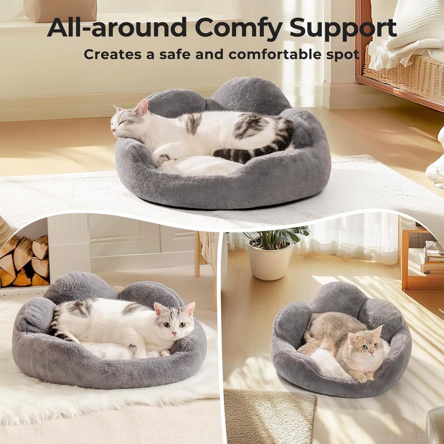 MEWOOFUN Washable Fluffy Cat & Small Dog Bed – Indoor Cat Couch with Non-Slip Bottom, Flower Design, Perfect for Puppies & Kittens (Grey)