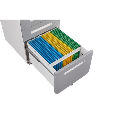 Modern 3-drawer mobile filing cabinet in white and grey cold-rolled steel, with central lock, full-extension drawers, and 5-wheel base—fits A4, letter, and legal files, ideal for home or office use.