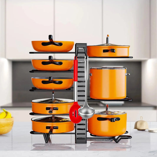 8-tier pot and pan organizer rack with lid holder, durable kitchen cabinet storage solution for cookware, space-saving vertical design