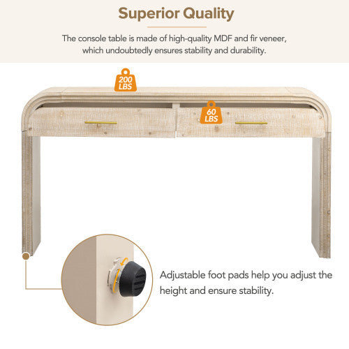 Retro entryway table with two drawers and open shelf in natural wood wash finish, vintage style console table for hallway or living room