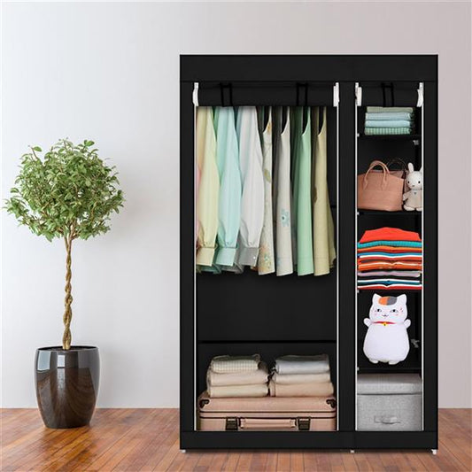 67-inch portable closet wardrobe organizer with hanging rod and shelves, made of non-woven fabric and steel frame, in gray color