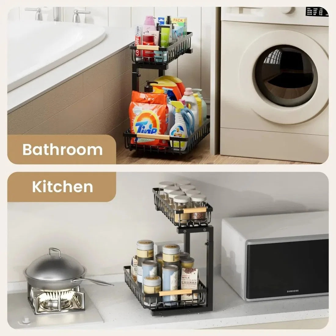 2-piece kitchen organizer set with large-capacity dish drying rack holding plates, bowls, cups, and utensils, plus sliding 2-tier under-sink shelf with suction cups for stable, space-saving storage in kitchen or bathroom