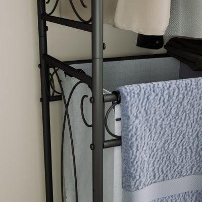 Multi-functional laundry hamper organizer with metal frame, storage shelves, hanging rail, and rolling wheels—space-saving design for laundry rooms, bedrooms, or bathrooms