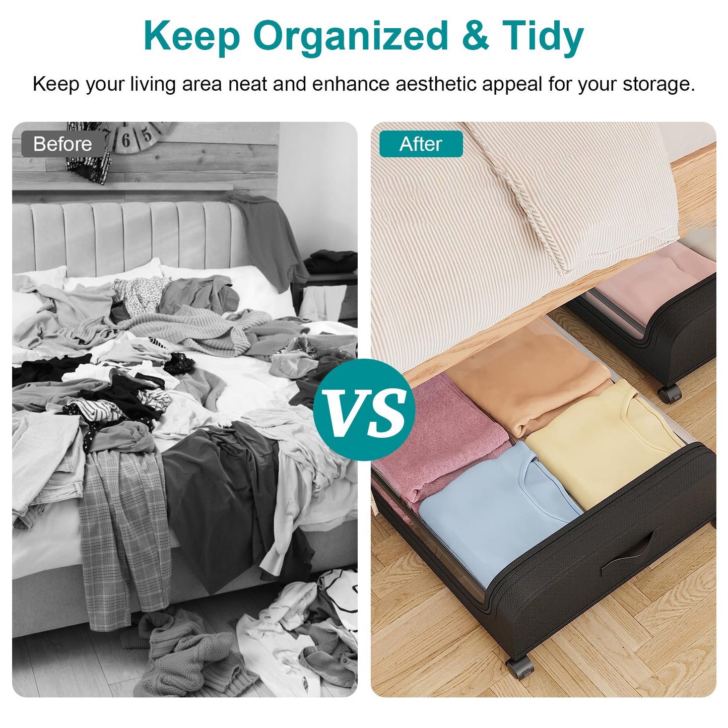 2PCS Under Bed Storage Containers with Lids, Wheels & Strap Handles – 42L (11 Gal) Each – Space-Saving Organizers – FedEx Shipping