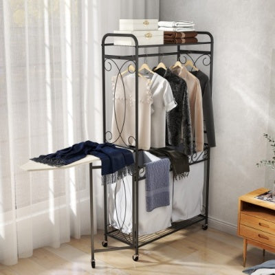 Multi-functional laundry hamper organizer with metal frame, storage shelves, hanging rail, and rolling wheels—space-saving design for laundry rooms, bedrooms, or bathrooms