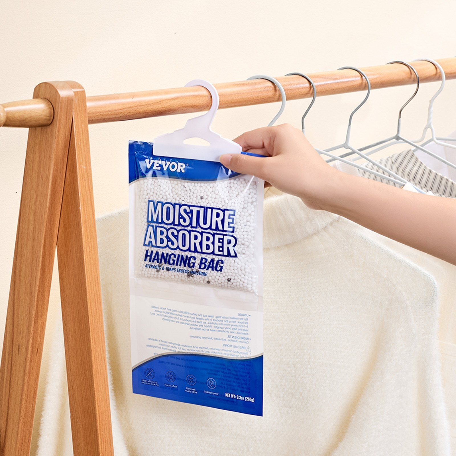 Pack of 10 VEVOR moisture absorber bags, 9.3 oz each, fragrance-free and designed for hanging in closets, bathrooms, or other damp spaces