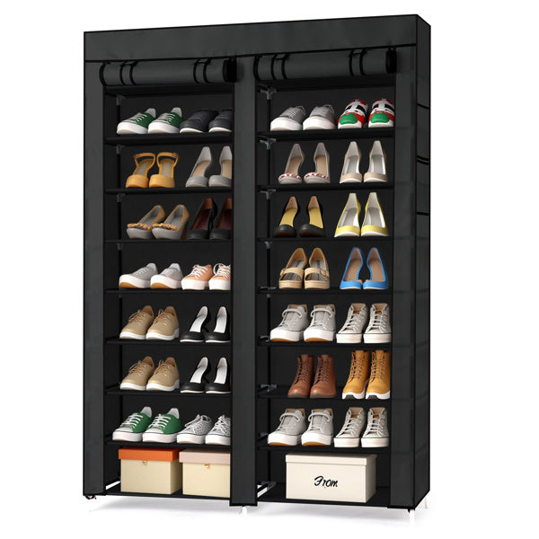 Black 10-tier shoe cabinet with slim vertical design and double-row storage shelves, ideal for organizing multiple pairs of shoes in small entryways, closets, or hallways