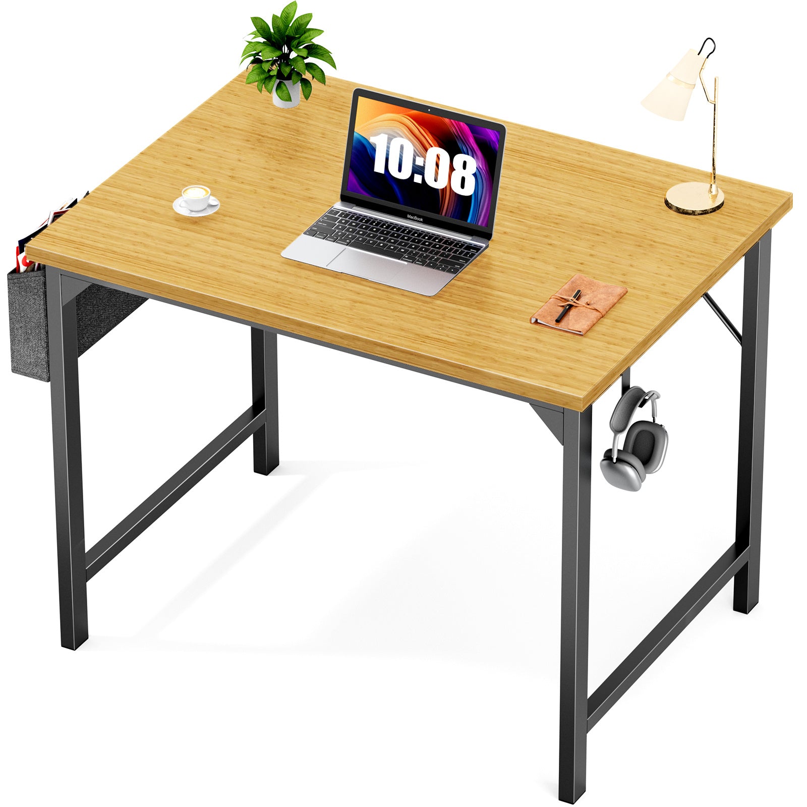 Modern minimalist computer desk with rustic oak finish, metal frame, side storage bag, and hook—durable, space-saving workstation for home office or study use