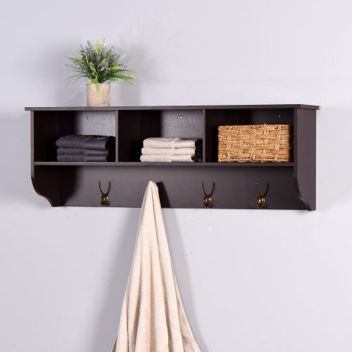 Espresso wall-mounted coat rack with shelf, 4 dual hooks, and 3 open cubbies for entryway storage and organization