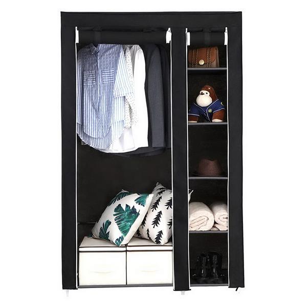 Spacious 67-inch portable wardrobe closet organizer featuring a sturdy steel frame, multiple fabric shelves, and a central hanging rod, covered in breathable non-woven fabric with a zippered front cover in gray