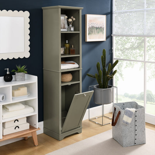 Slim 64-inch tall gray storage cabinet with four open shelves and built-in laundry hamper, ideal for bathrooms, kitchens, or small spaces