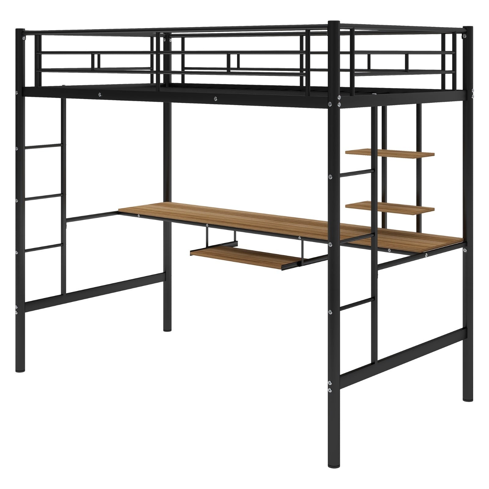 Black twin loft bed with metal frame, integrated desk and shelf underneath, ladder, and guardrail – space-saving bedroom furniture