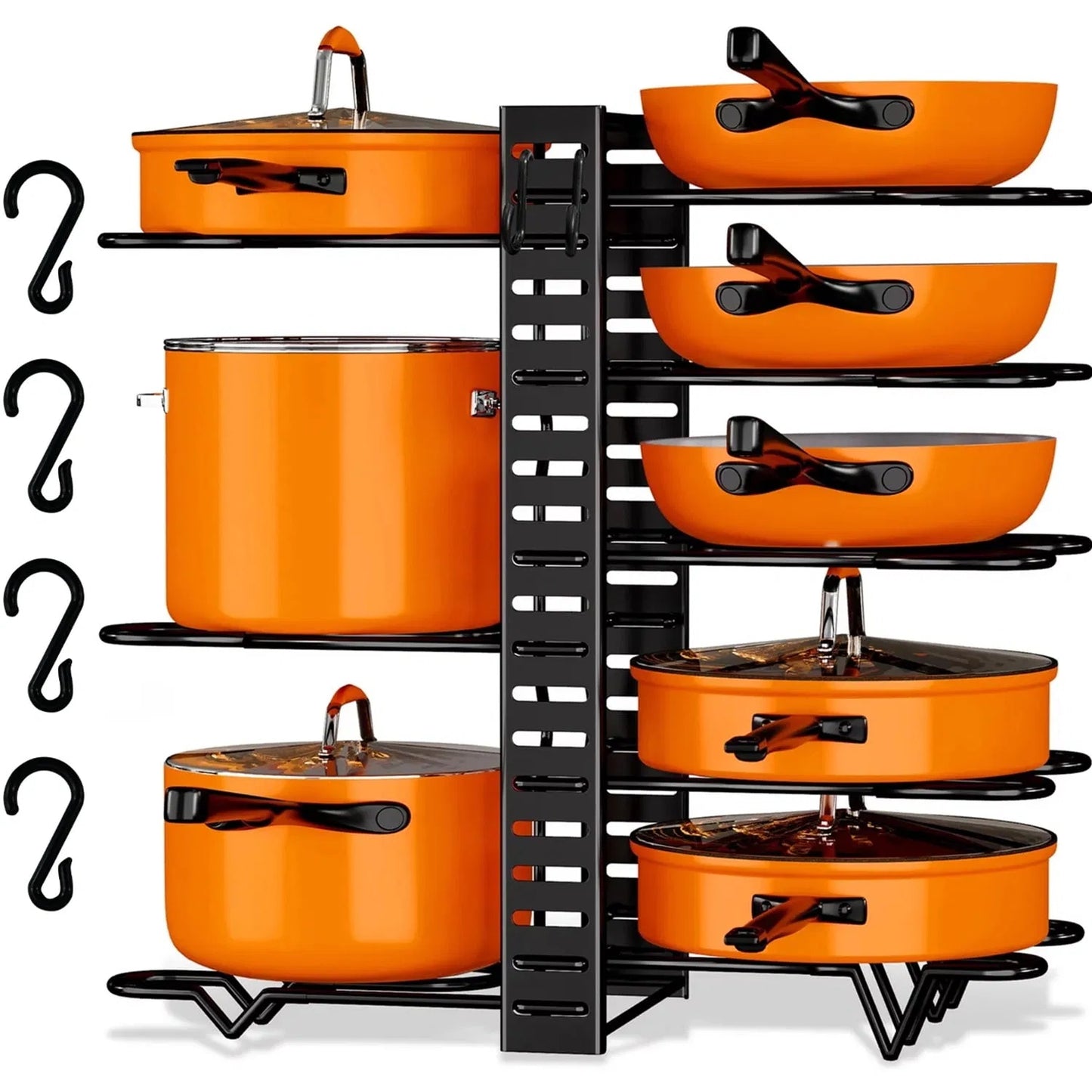 8-tier pot and pan organizer rack with lid holder, durable kitchen cabinet storage solution for cookware, space-saving vertical design