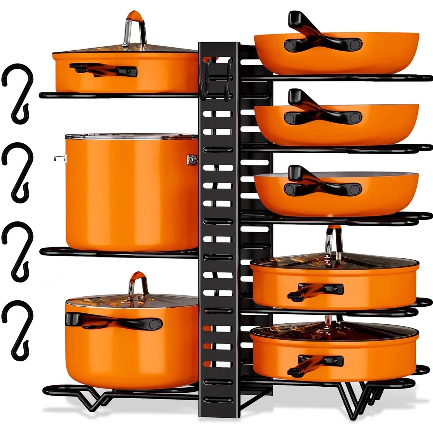 8-tier pot and pan organizer rack with lid holder, durable kitchen cabinet storage solution for cookware, space-saving vertical design