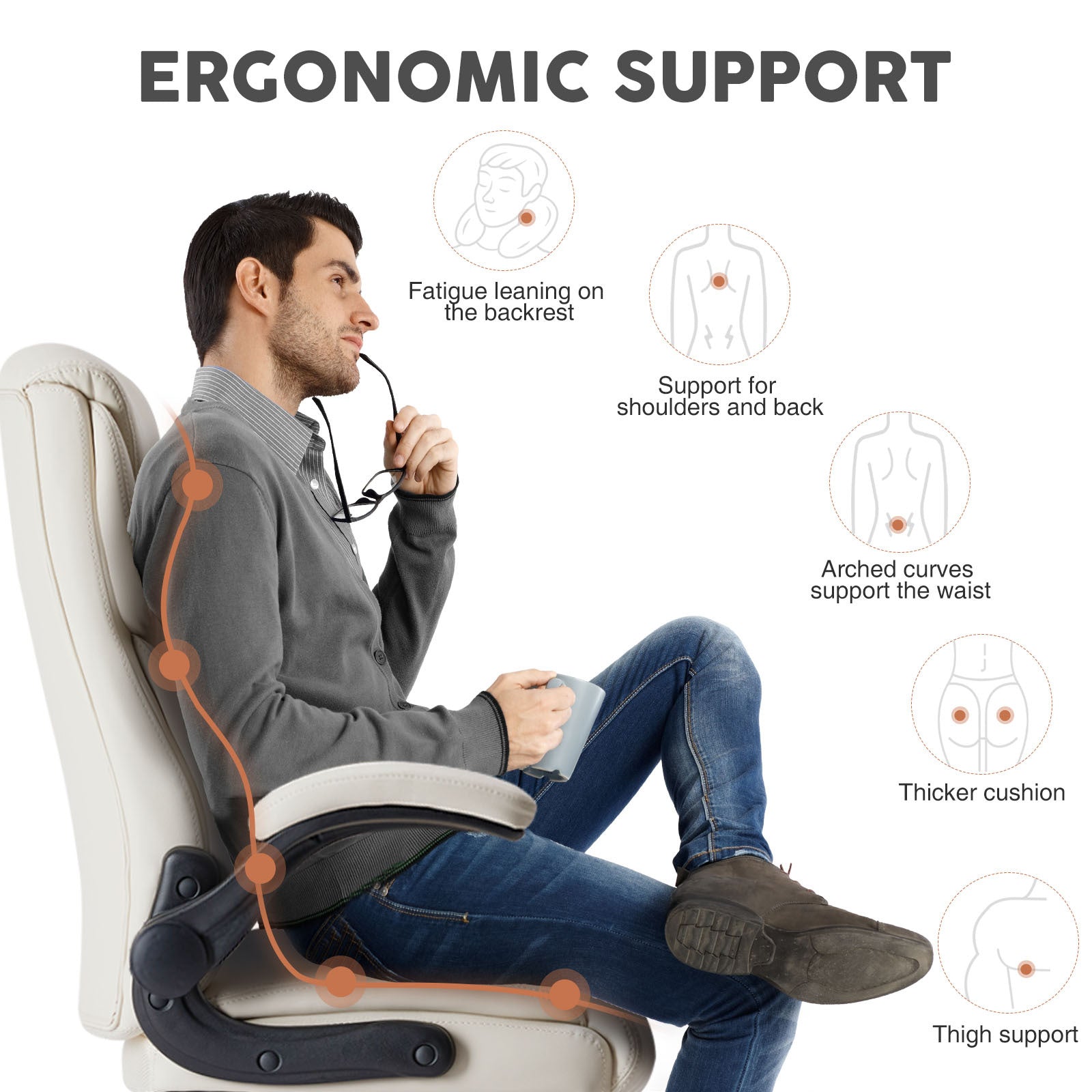 PU leather executive office chair with high back, ergonomic lumbar support, flip-up armrests, 360° swivel wheels, and durable frame supporting up to 275 lbs