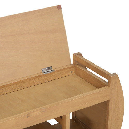 Retro multifunctional storage bench with cushioned seat, open shelves, and hidden compartment—wooden frame in modern design, ideal for entryway, hallway, or living room