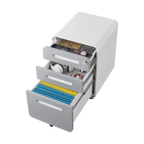 Modern 3-drawer mobile filing cabinet in white and grey cold-rolled steel, with central lock, full-extension drawers, and 5-wheel base—fits A4, letter, and legal files, ideal for home or office use.