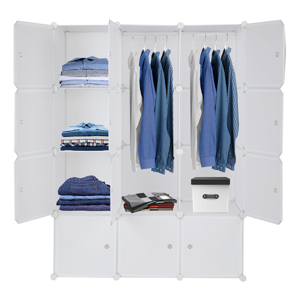 "White 12-cube modular plastic storage organizer with customizable layout and built-in hanging rod, featuring stackable DIY closet shelves for organizing clothes, shoes, toys, and household items.