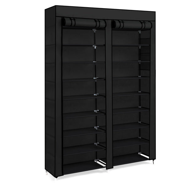 Black 10-tier shoe cabinet with slim vertical design and double-row storage shelves, ideal for organizing multiple pairs of shoes in small entryways, closets, or hallways