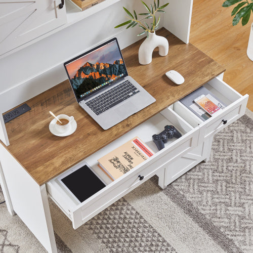 White rustic farmhouse wooden home office desk made of particle board with built-in charging station, dimensions 47.2" L x 19.7" W x 67.9" H
