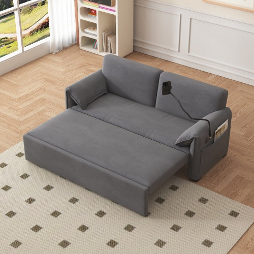 63-inch velvet folding sofa bed with 3-in-1 design for sitting, lounging, and sleeping, featuring ergonomic backrest, oversized pillows, USB charging port, and durable carbon steel frame