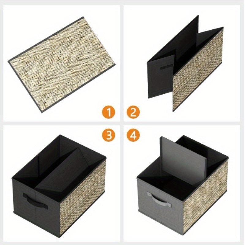 Set of four green rattan-style foldable storage bins with matching lids and built-in handles; lightweight, decorative, and ideal for organizing closets, shelves, or home offices — non-waterproof design.