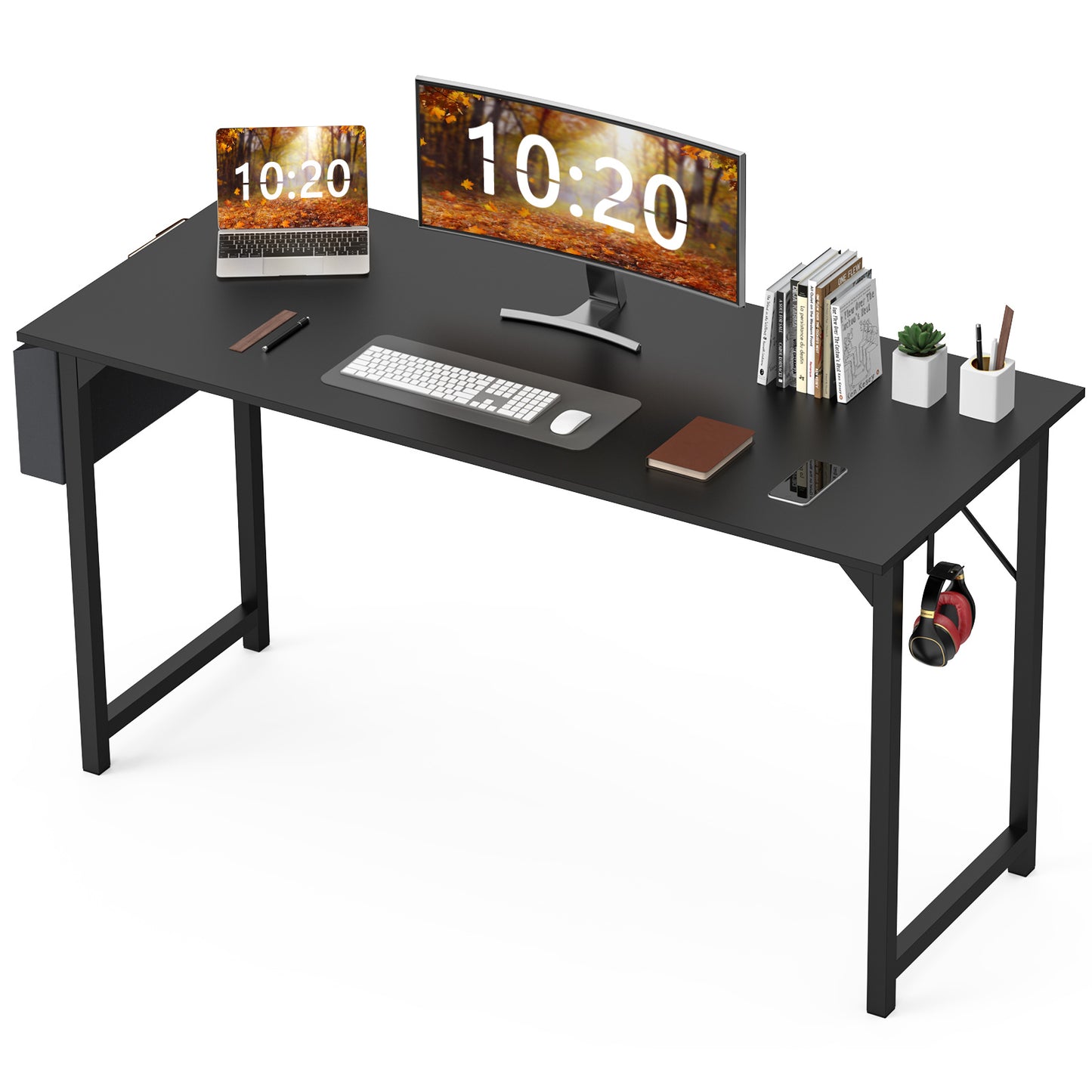 Modern minimalist computer desk with rustic oak finish, metal frame, side storage bag, and hook—durable, space-saving workstation for home office or study use