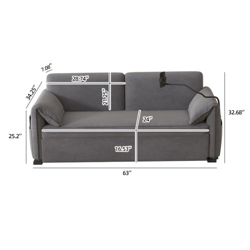 63-inch velvet folding sofa bed with 3-in-1 design for sitting, lounging, and sleeping, featuring ergonomic backrest, oversized pillows, USB charging port, and durable carbon steel frame