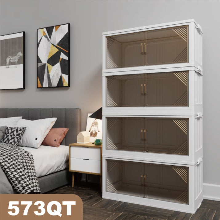 Large 35.4'' clear plastic foldable storage box with stackable design, ideal for closet or under-bed organization
