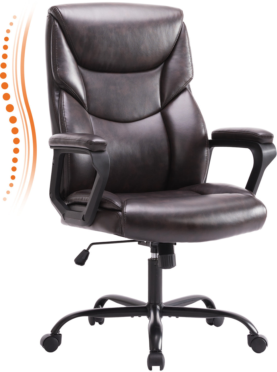 PU leather executive office chair with high back, ergonomic lumbar support, flip-up armrests, 360° swivel wheels, and durable frame supporting up to 275 lbs