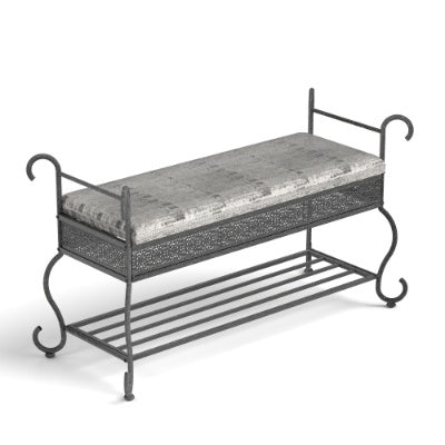 Industrial rustic entryway shoe rack bench with black upholstered seat and open metal shelves for shoe storage, rectangular design, metal frame, suitable for small spaces