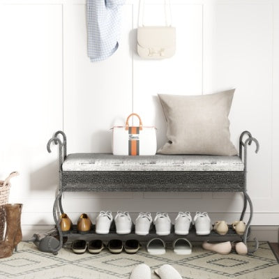 Industrial rustic entryway shoe rack bench with black upholstered seat and open metal shelves for shoe storage, rectangular design, metal frame, suitable for small spaces