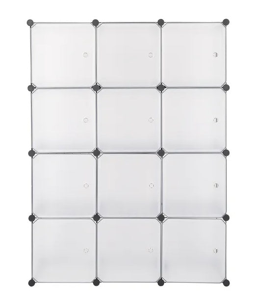 12-cube white modular storage shelf with customizable design, ideal for organizing books, clothes, toys, and office supplies.