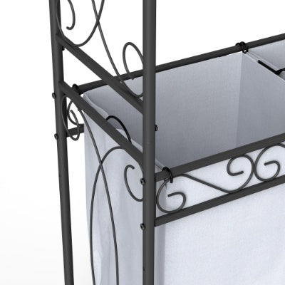 Multi-functional laundry hamper organizer with metal frame, storage shelves, hanging rail, and rolling wheels—space-saving design for laundry rooms, bedrooms, or bathrooms