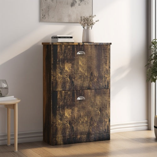 Vintage slim shoe cabinet with two flip drawers in compact wood design, ideal for entryway or hallway storage