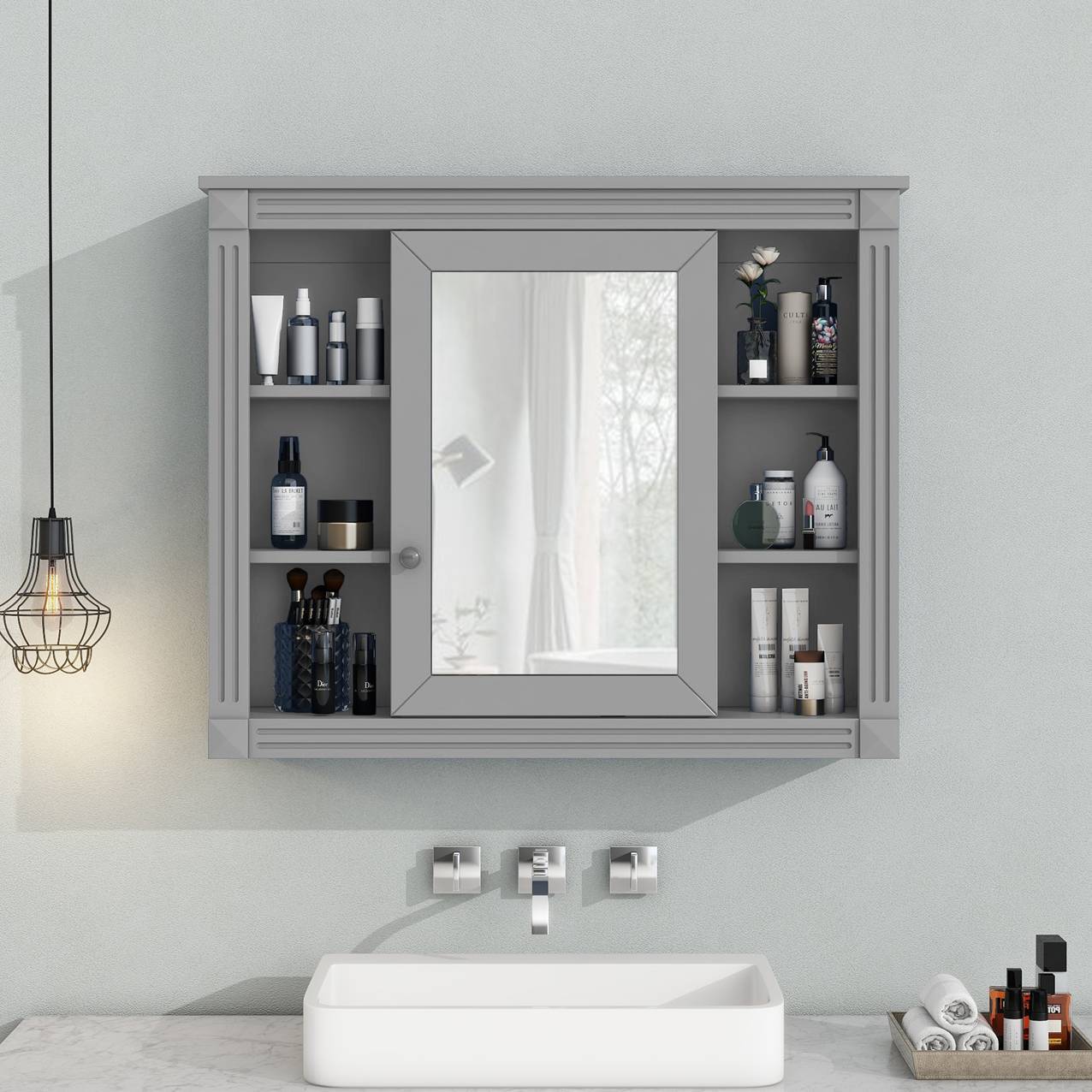 Modern white wall-mounted bathroom storage cabinet with mirrored doors and open center shelf – sleek MDF design with multiple interior compartments for organized bathroom storage.