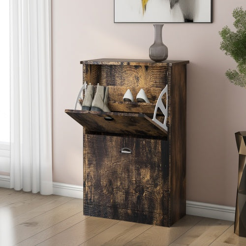 Vintage slim shoe cabinet with two flip drawers in compact wood design, ideal for entryway or hallway storage