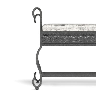 Industrial rustic entryway shoe rack bench with black upholstered seat and open metal shelves for shoe storage, rectangular design, metal frame, suitable for small spaces