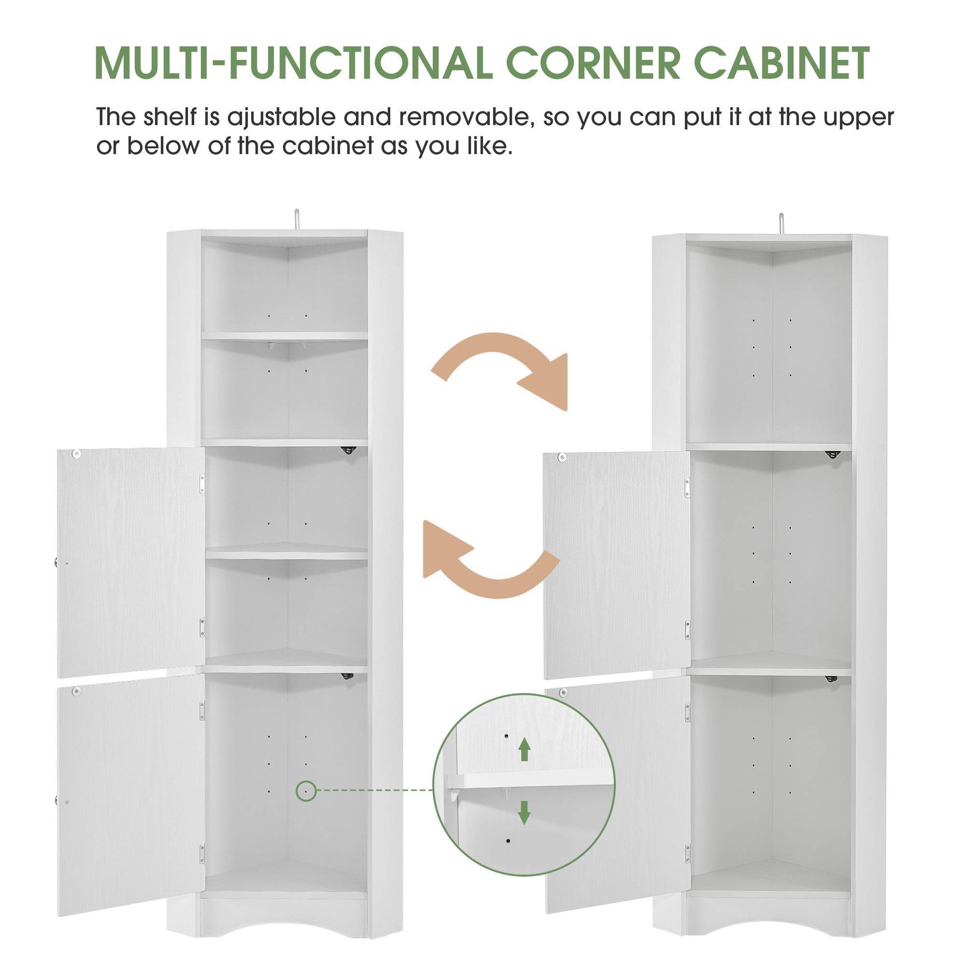 Tall white corner bathroom cabinet with triangular design, double doors, and adjustable interior shelves, fits neatly into small spaces for organized storage of toiletries and essentials