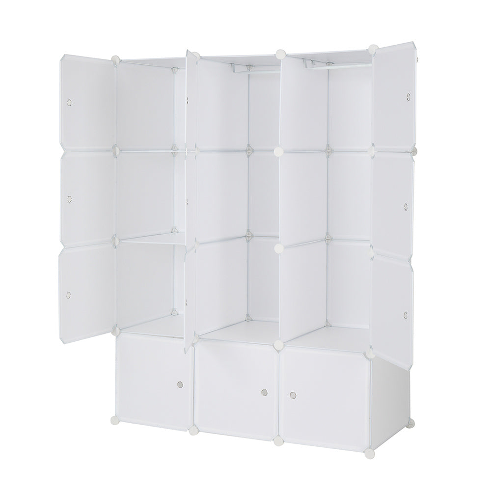 "White 12-cube modular plastic storage organizer with customizable layout and built-in hanging rod, featuring stackable DIY closet shelves for organizing clothes, shoes, toys, and household items.