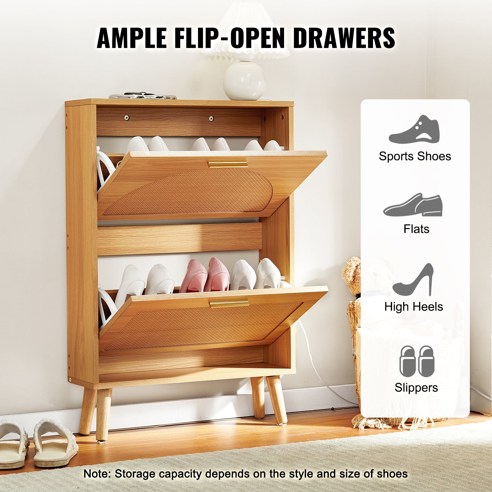 VEVOR shoe cabinet with two flip drawers in stylish rattan design, compact entryway shoe storage organizer