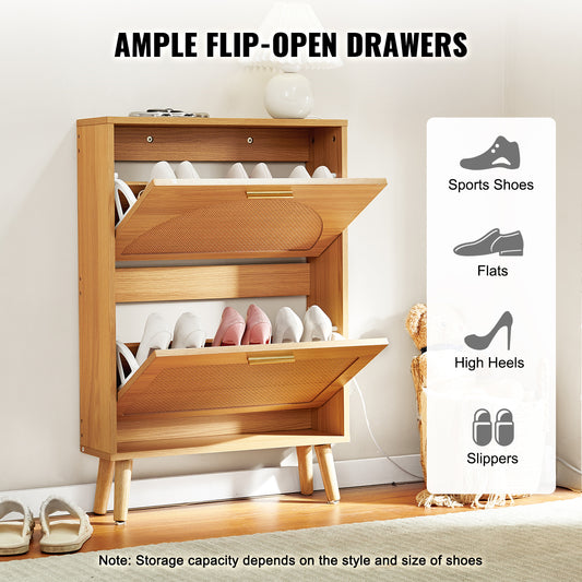 VEVOR shoe cabinet with two flip drawers in stylish rattan design, compact entryway shoe storage organizer