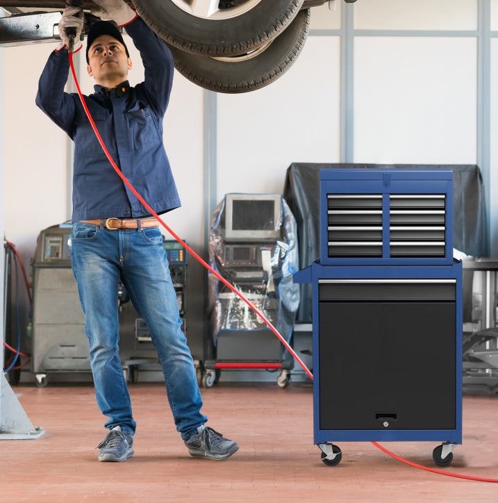 Mobile auto repair tool cart with multiple drawers and top toolbox, sturdy iron frame, and smooth wheels for easy movement in workshop