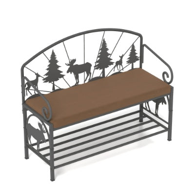 Industrial rustic upholstered shoe rack bench in antique brown with metal frame, featuring comfortable seating and open undershelf for shoe storage, perfect for entryway or bedroom organization