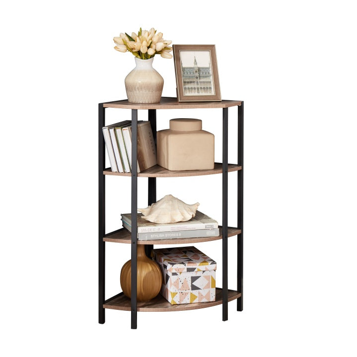 Black and brown 4-tier corner shelf with a modern-rustic design, featuring four open particle board shelves arranged in a vertical structure that fits neatly into a corner; ideal for storing books, plants, or decorative items in kitchens, home offices, living rooms, or small spaces.