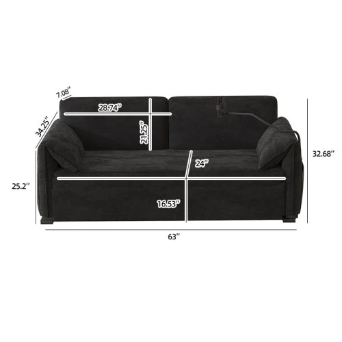 Black sofa with measurements on a white background